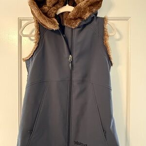 Marmot Grey Vest with Brown Faux Fur Trim and Hood